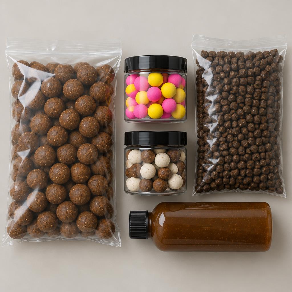 Bag of boilies, tubs of pop-ups and wafters, and a bottle of liquid booster