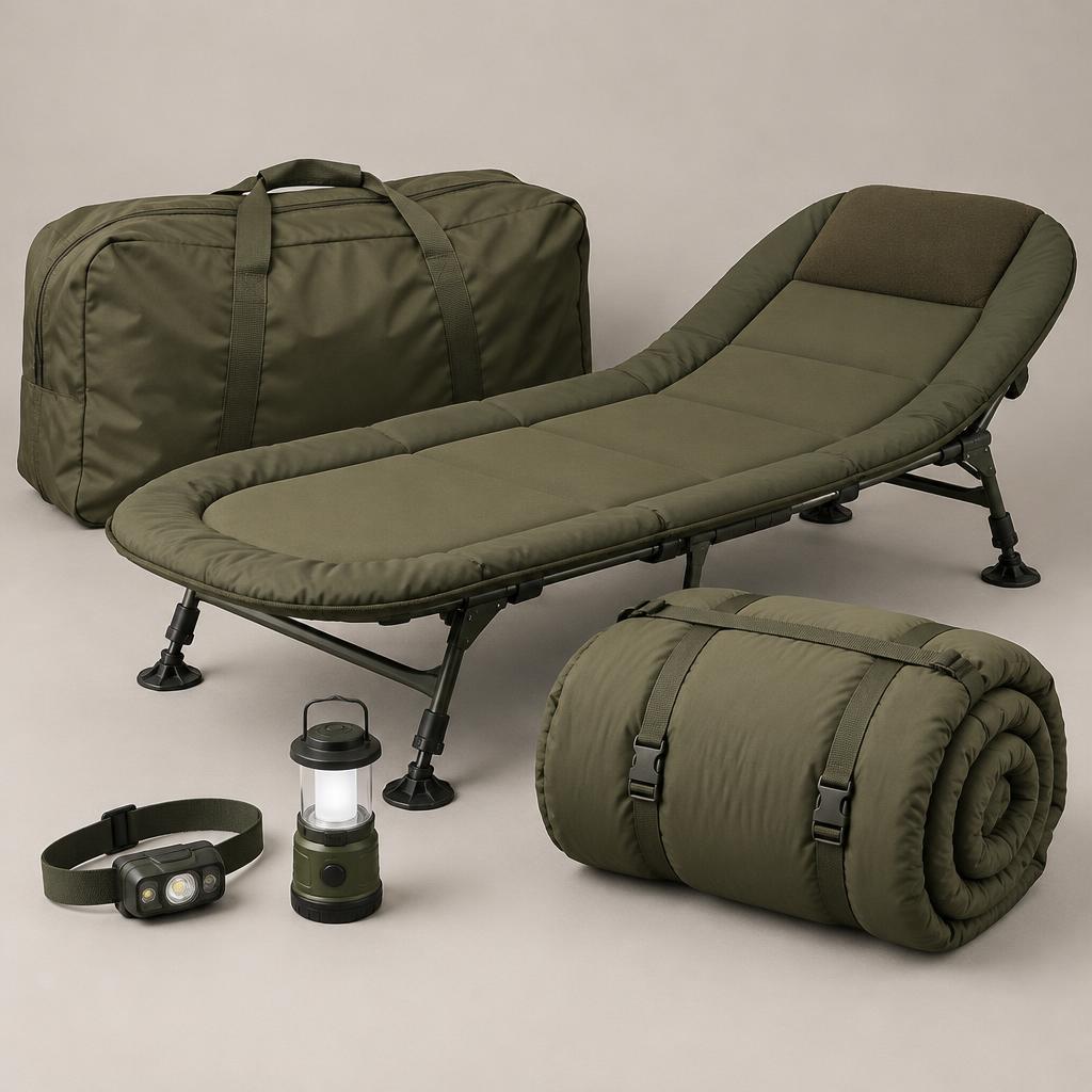 RIKNO bivvy bag, bed chair, sleeping bag, headlamp and lantern