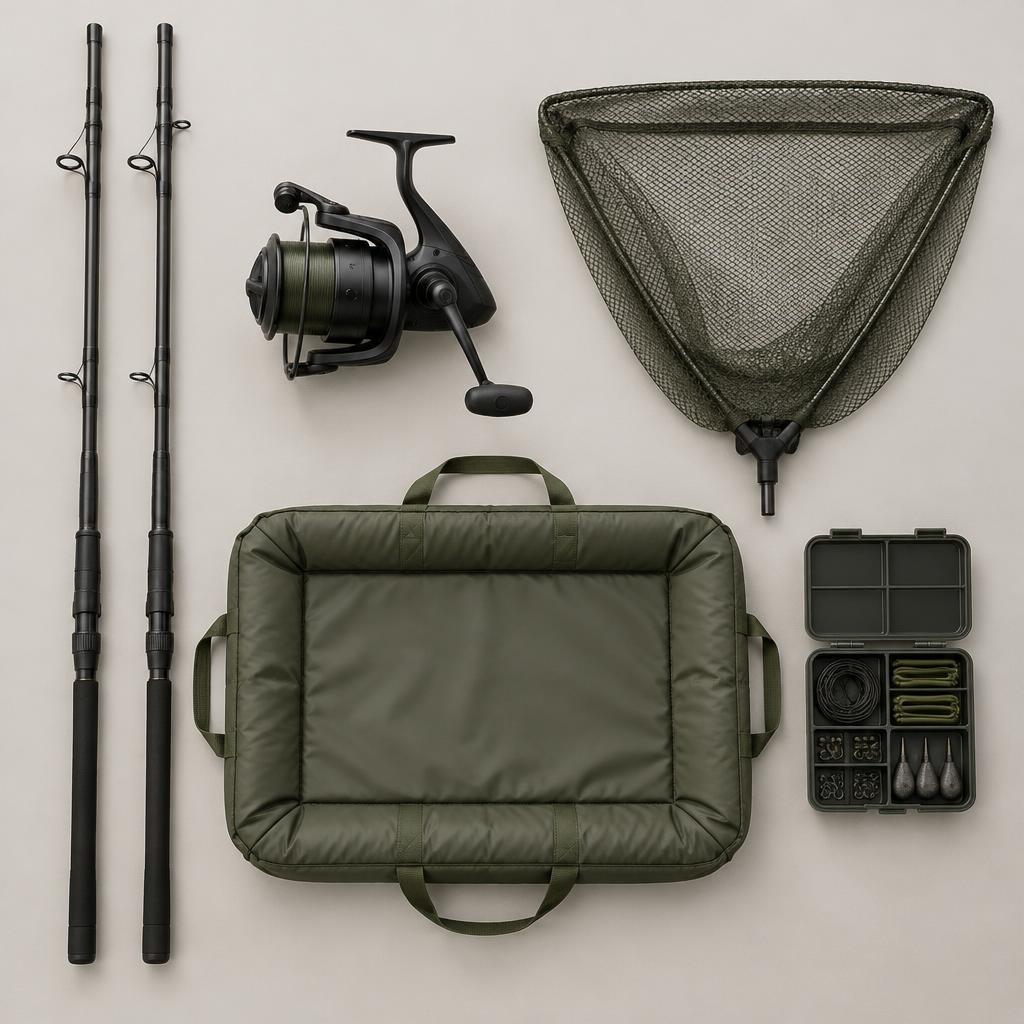 RIKNO carp rods, reel, landing net and unhooking mat laid out together