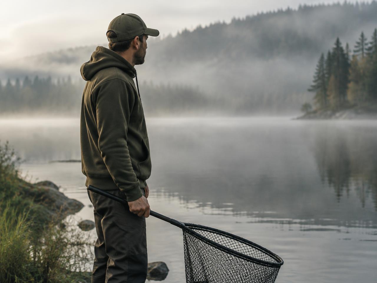 Angler in an olive hoodie beside a misty lake