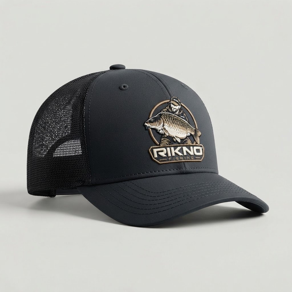 Black RIKNO trucker cap with the angler-and-carp emblem patch