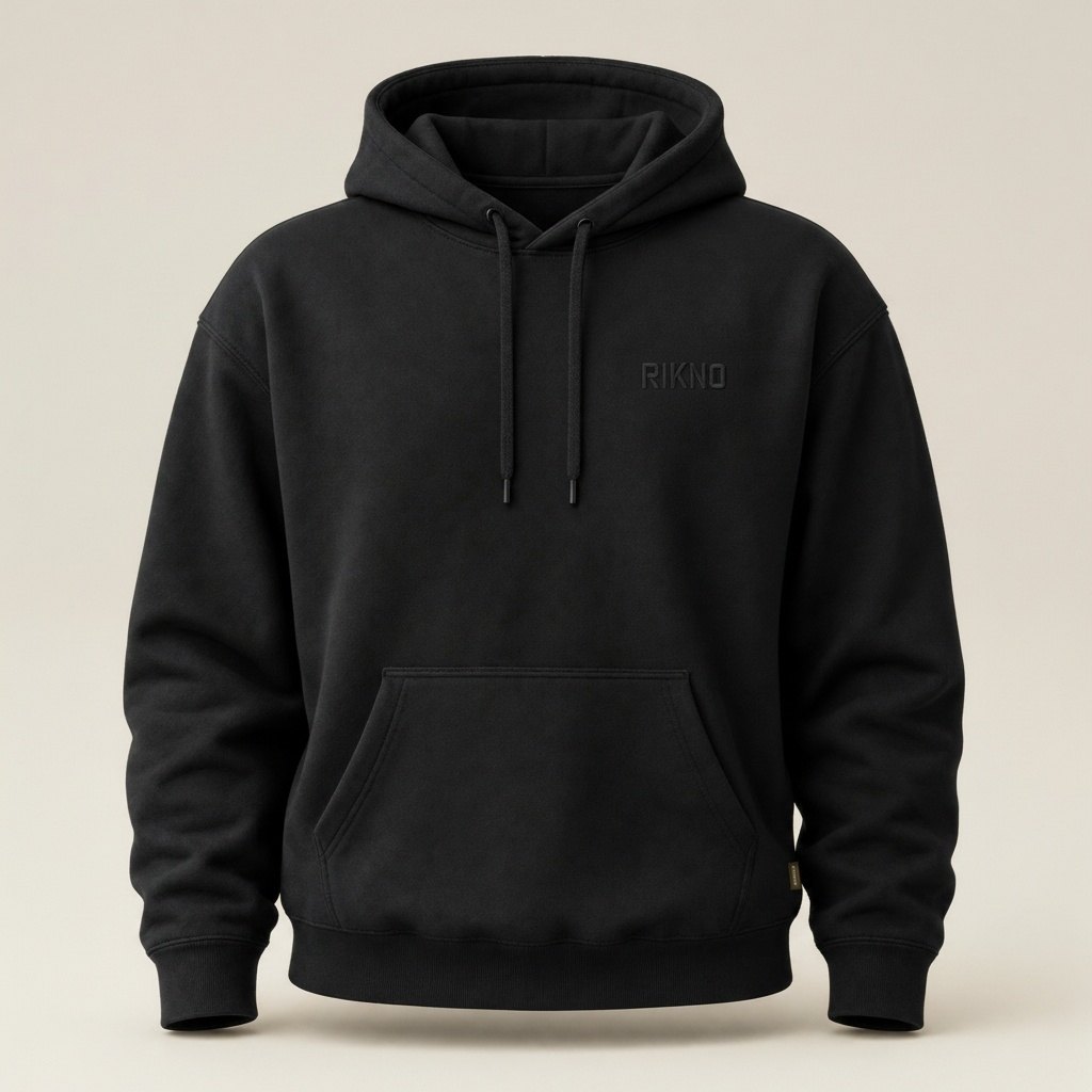 Black RIKNO hoodie with a tonal chest print