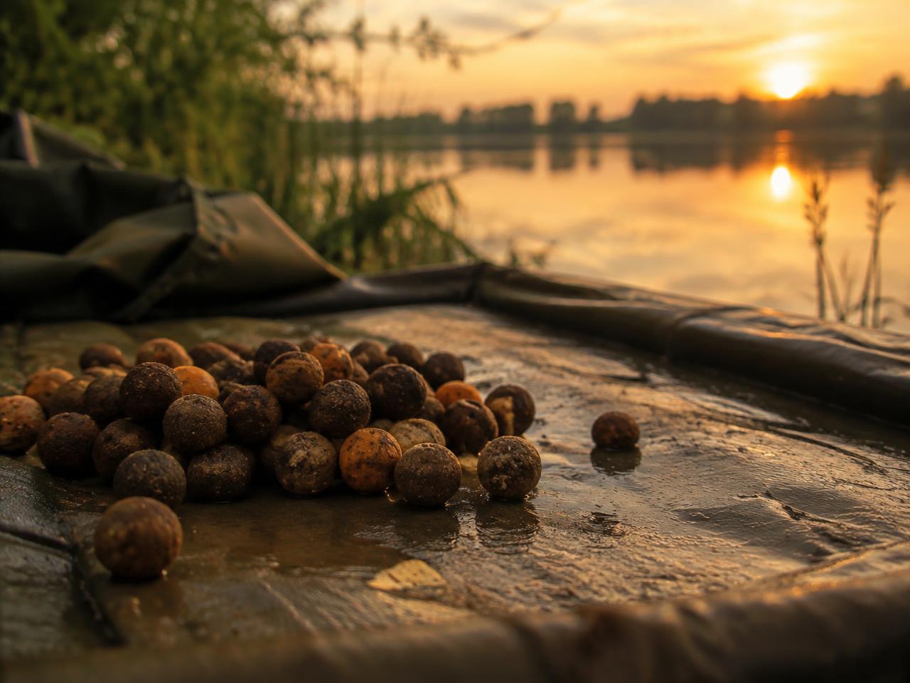 Boilies on an unhooking mat beside a lake at golden hour