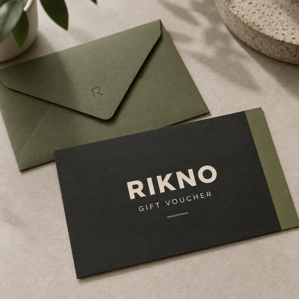 Charcoal RIKNO gift voucher card with an olive envelope