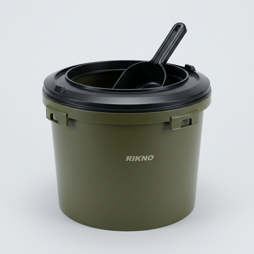 Olive green RIKNO bait bucket with a black lid