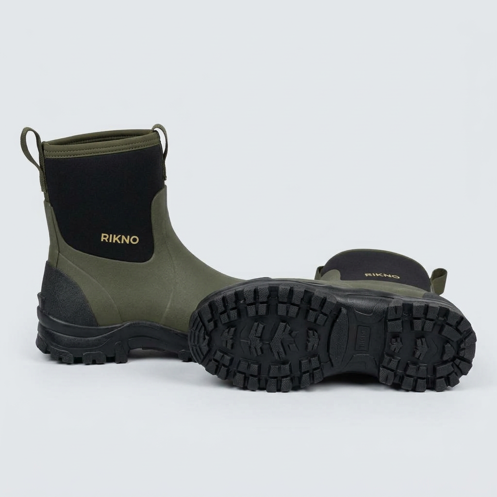 A pair of olive green RIKNO bank boots