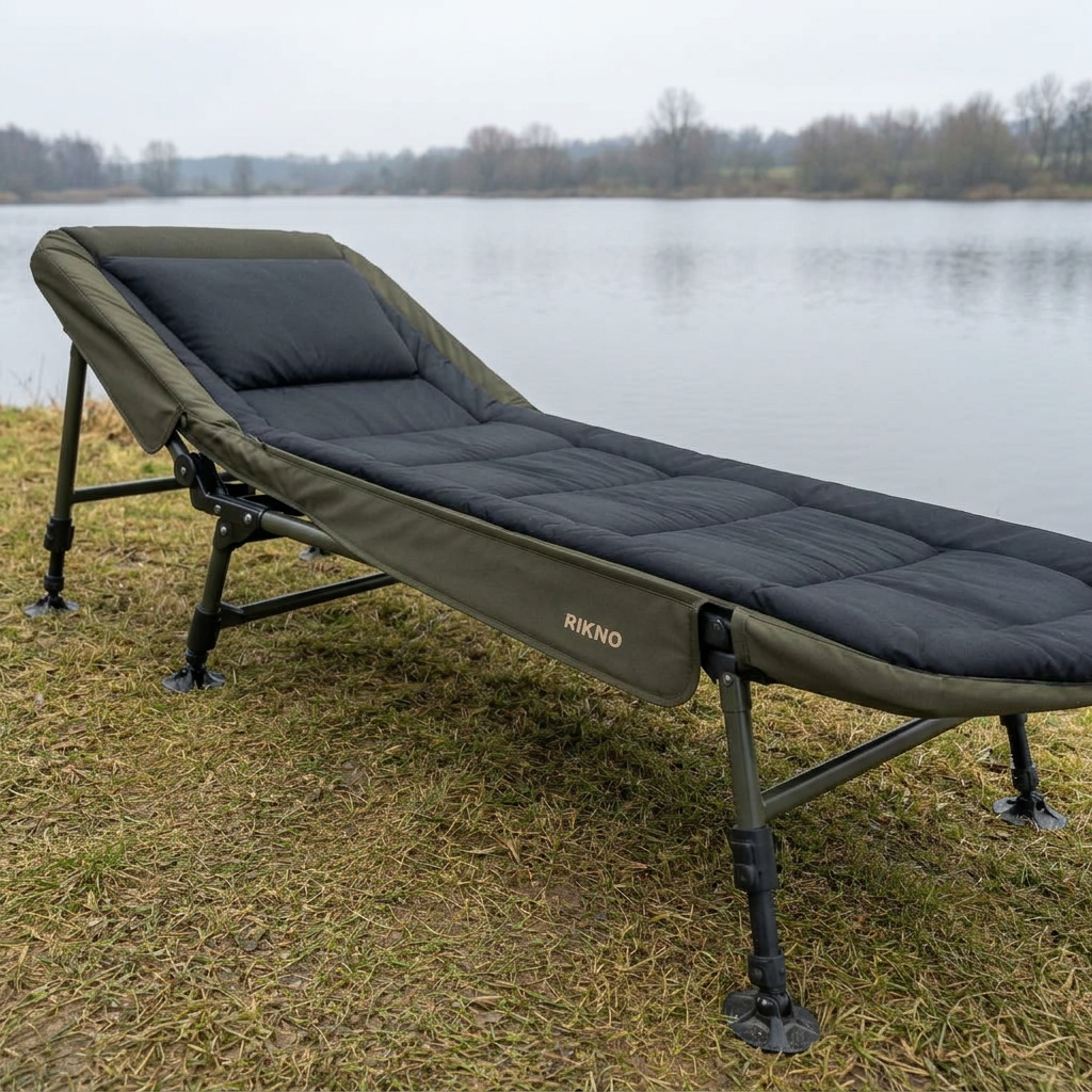 Olive green RIKNO folding bed chair beside a lake