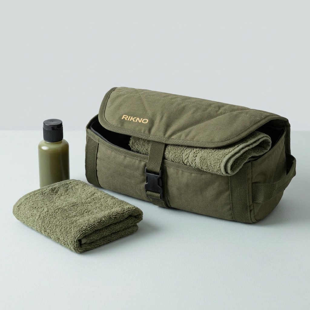 Olive green RIKNO carp care kit with its roll-up bag open