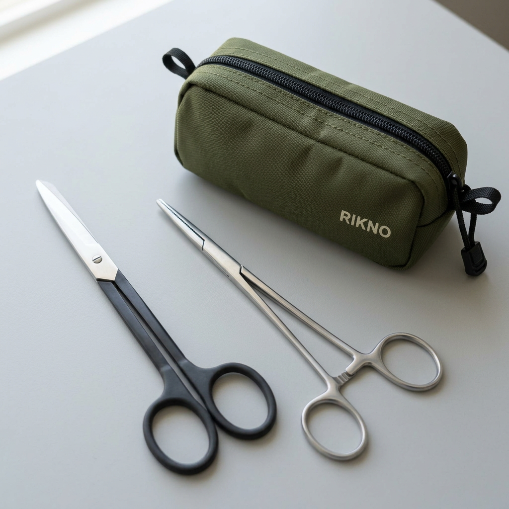 Olive green RIKNO pouch with fish care scissors and forceps