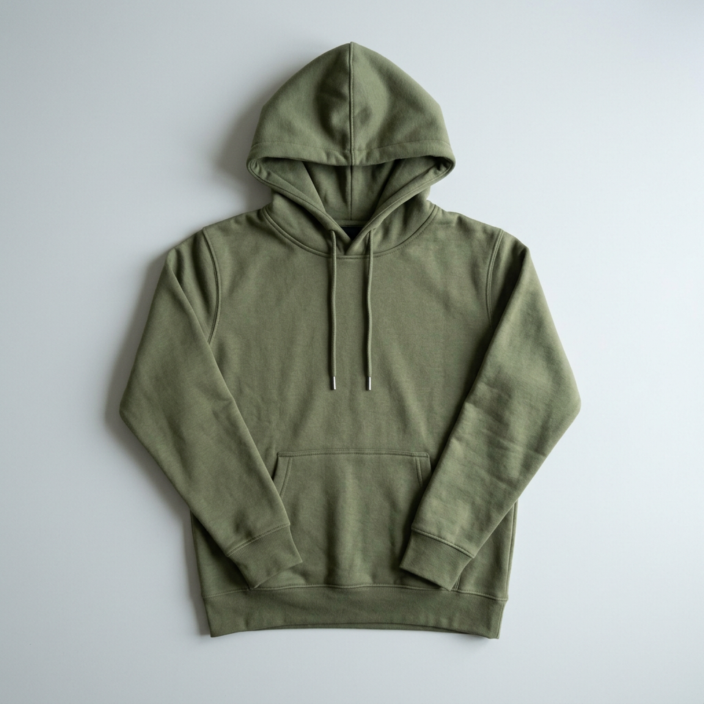 Olive green RIKNO hoodie, laid flat