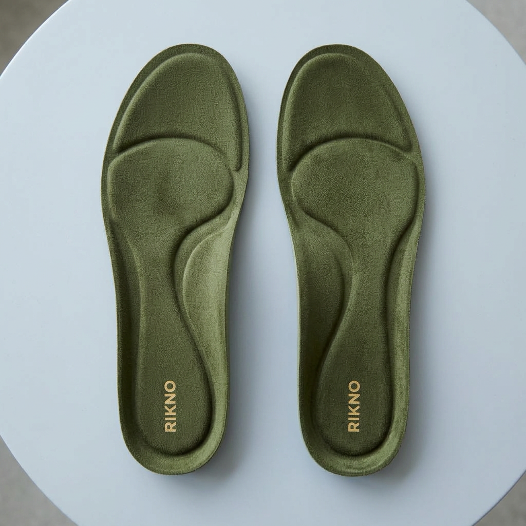 A pair of olive green RIKNO insoles