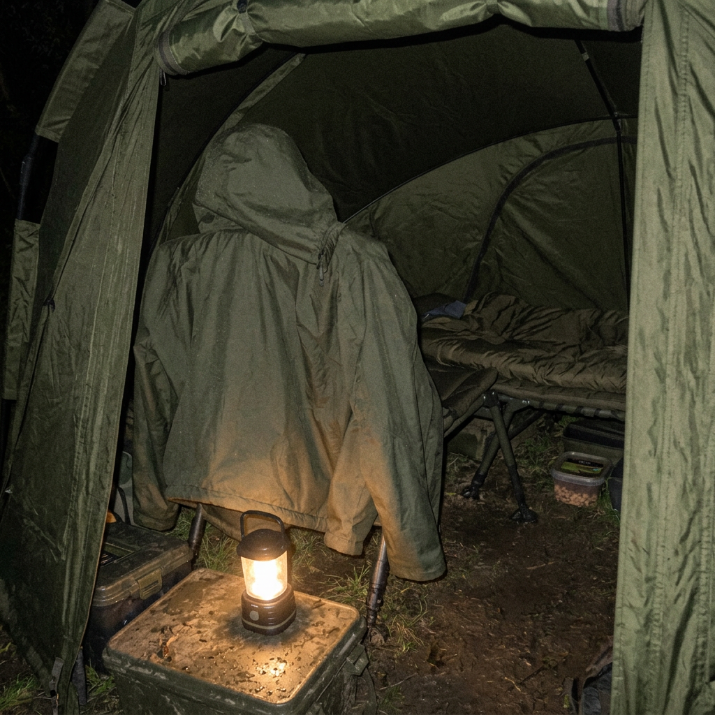 Olive green RIKNO waterproof jacket with the hood up, draped over a chair inside a bivvy at night, lit by a lantern