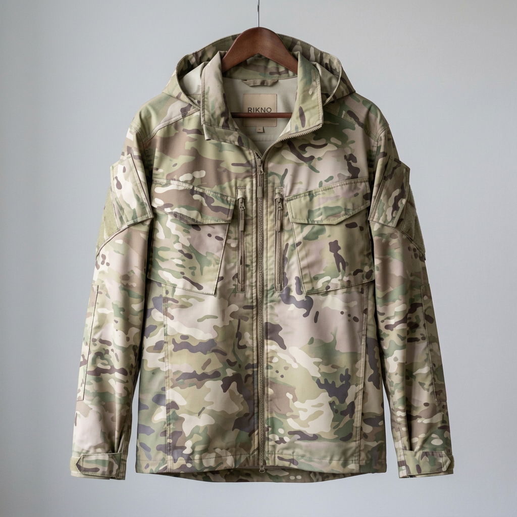 RIKNO camouflage waterproof jacket with a hood, in muted olive, brown and reed tones