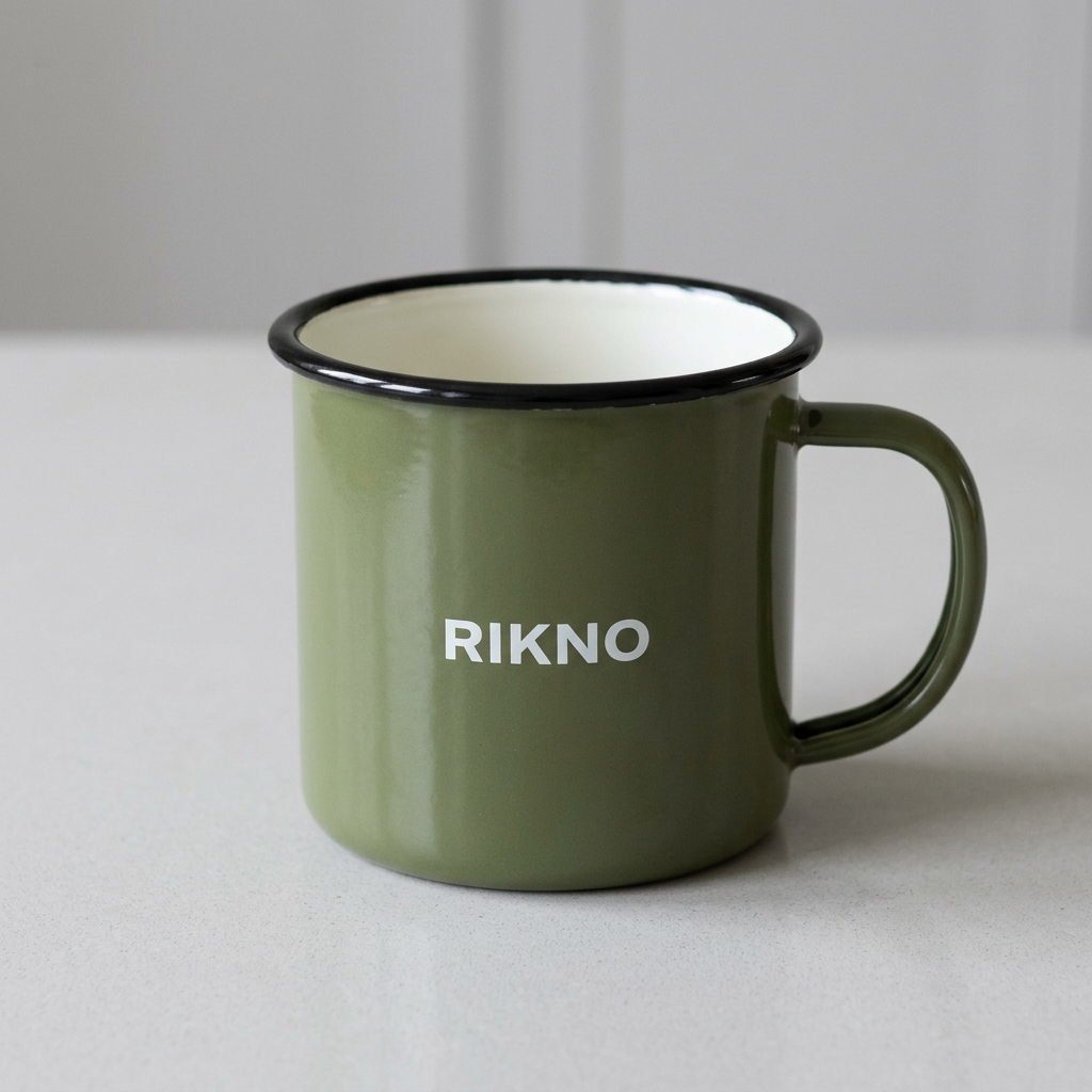 Olive green RIKNO enamel mug on a clean tabletop