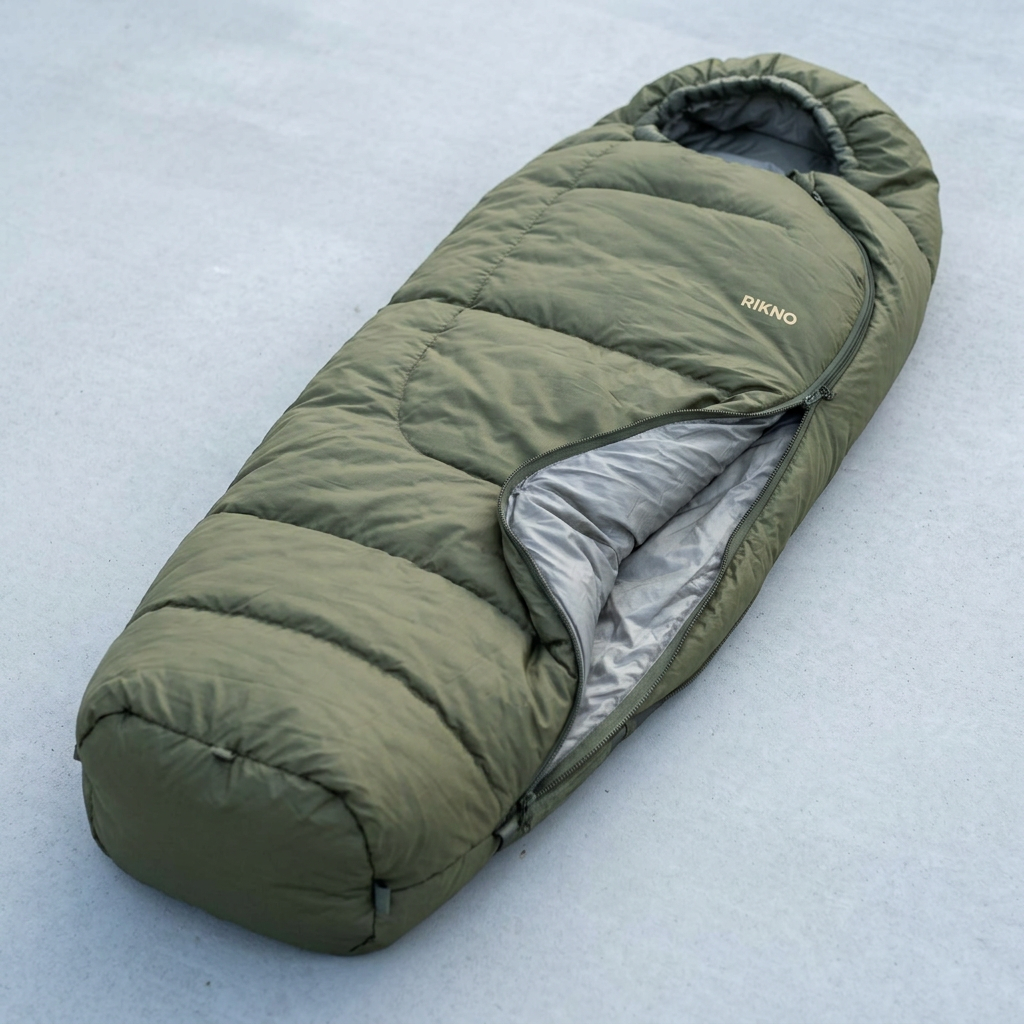 Olive green RIKNO sleeping bag, partly unzipped