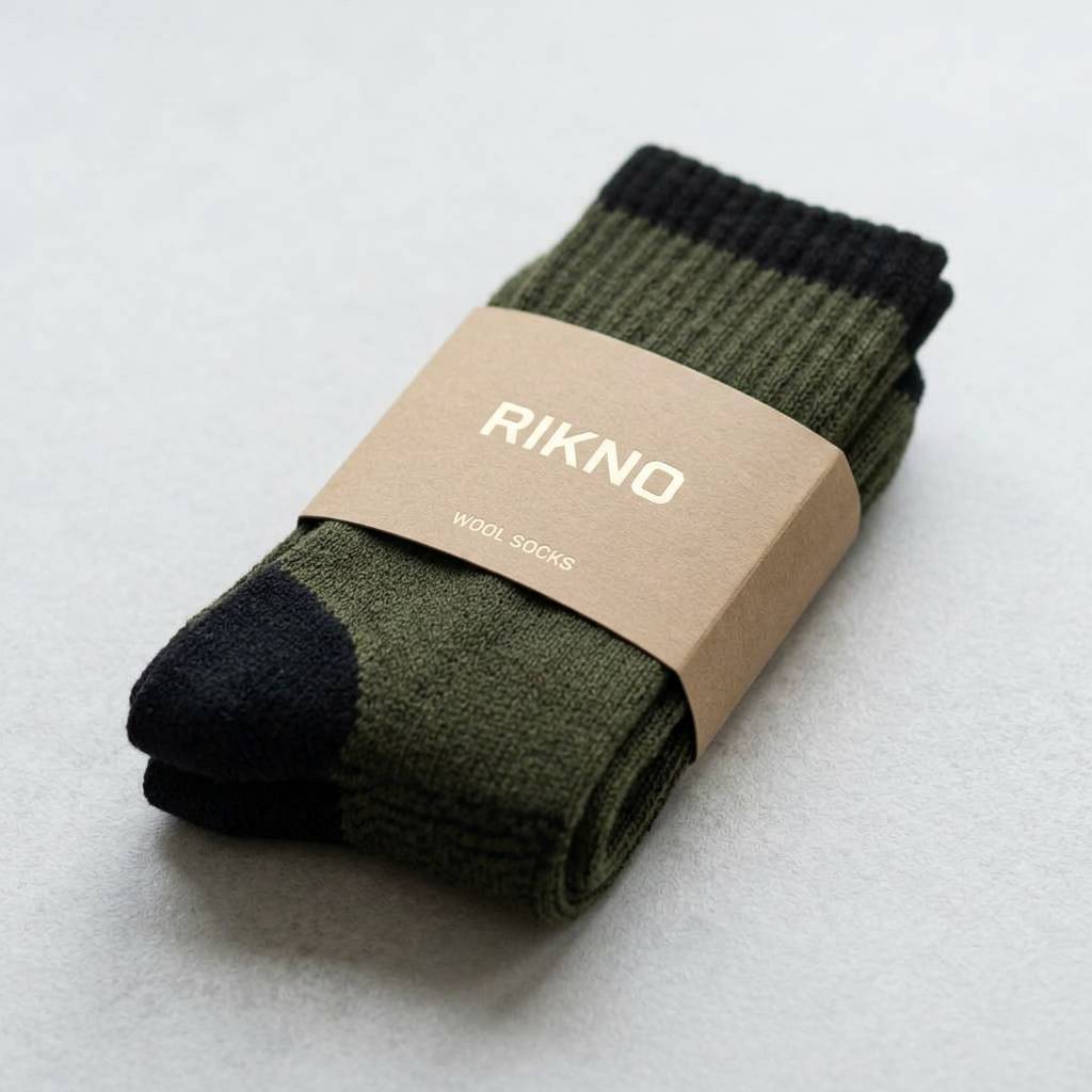 Folded RIKNO socks in a cardboard sleeve
