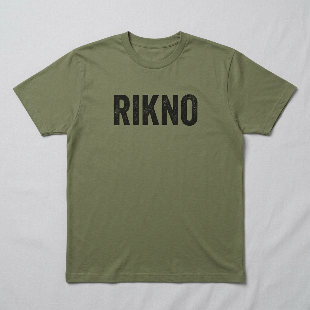 Olive green RIKNO T-shirt with a bold chest print, laid flat