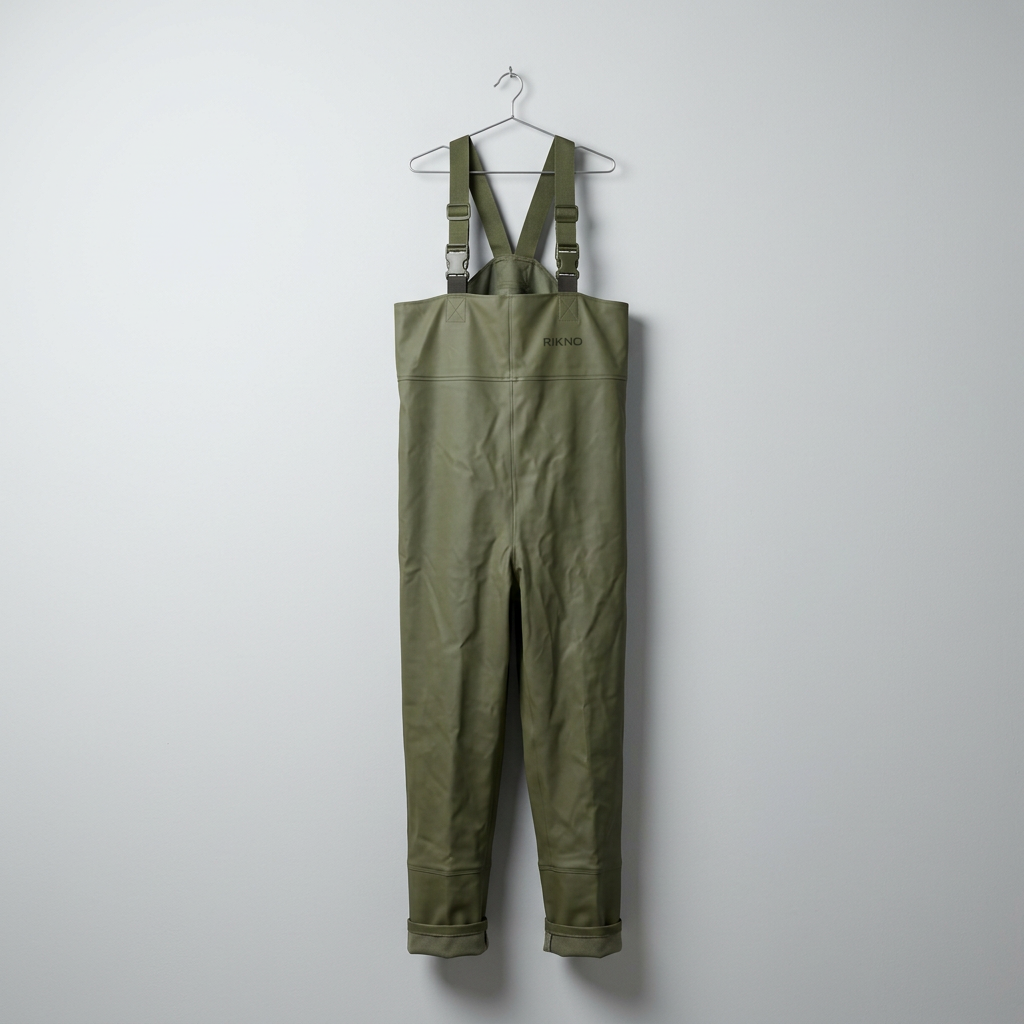 Olive green RIKNO waterproof bib-and-brace trousers, laid flat